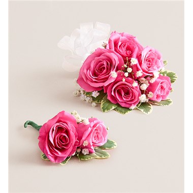 Hot Pink Spray Corsage & Bout -White Bow